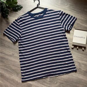 J. Crew Knit Goods Slub 100% Cotton Yarns Navy Red and Grey Striped Tee. Size M